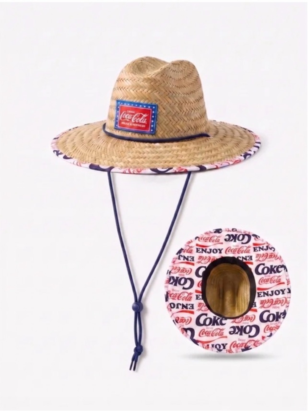 Coca Cola Straw Unisex Sun  Hat with Logo Patch and Red-White Brim